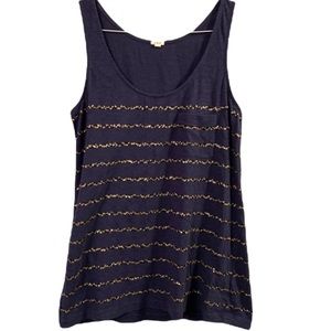 J Crew small navy Blue gold sequine tank top striped 100% cotton boho shirt